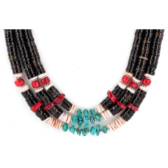 Certified Authentic 3 Strand Navajo .925 Sterling Silver Natural Turquoise Heishi Coral Native American Necklace 16085