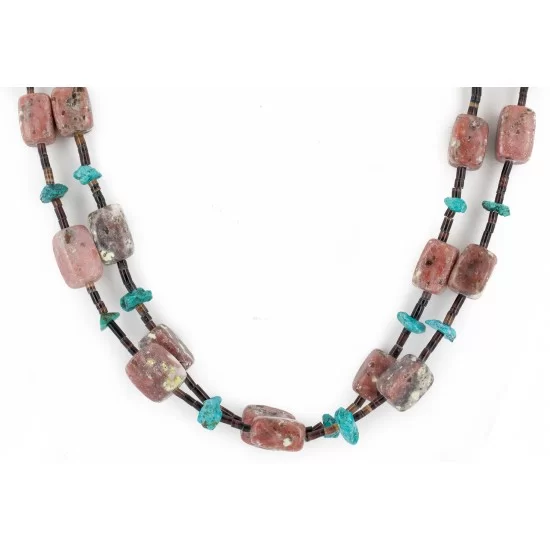 Certified Authentic 2 Strand Navajo .925 Sterling Silver Natural Turquoise Pink Charoite Native American Necklace 25283-2