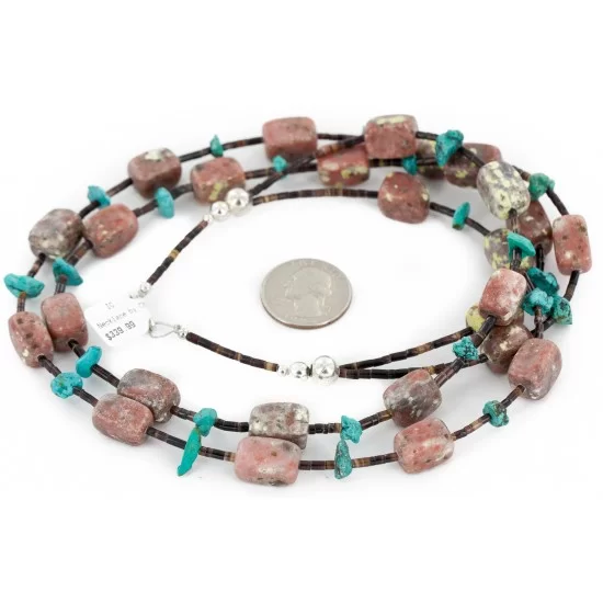 Certified Authentic 2 Strand Navajo .925 Sterling Silver Natural Turquoise Pink Charoite Native American Necklace 25283-2