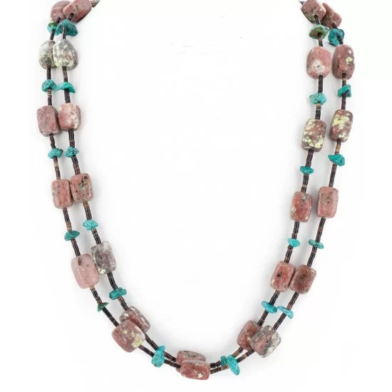 Certified Authentic 2 Strand Navajo .925 Sterling Silver Natural Turquoise Pink Charoite Native American Necklace 25283-2