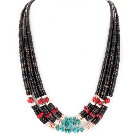 Certified Authentic 3 Strand Navajo .925 Sterling Silver Natural Turquoise Heishi Coral Native American Necklace 16085