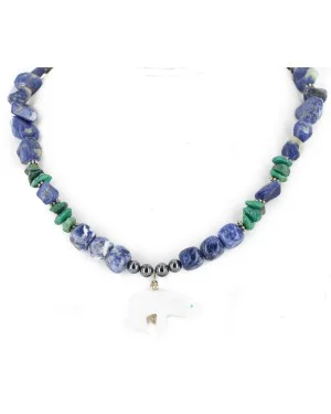 Certified Authentic Carved Bear Navajo .925 Sterling Silver Natural Turquoise Lapis Bone Native American Necklace 15997-8