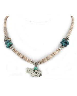Carved Horse Navajo .925 Sterling Silver Natural Turquoise Graduated Melon Shell Jasper Necklace 15778-37 Carved Horse Navajo .925 Sterling Silver Natural Turquoise Graduated Melon Shell Jasper Necklace 15778-37