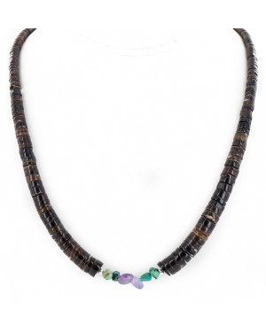 Certified Authentic Navajo .925 Sterling Silver Natural Turquoise Amethyst Heishi Native American Necklace 25285-3