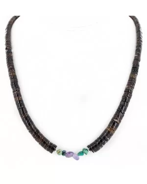 Certified Authentic Navajo .925 Sterling Silver Natural Turquoise Amethyst Heishi Native American Necklace 25285-3