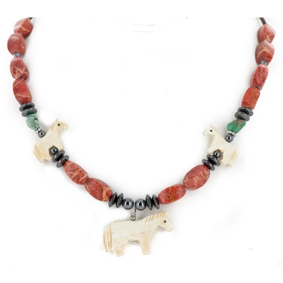 Horse Certified Authentic Navajo .925 Sterling Silver Natural Turquoise Coral Bone Hematite Native American Necklace 16038-2