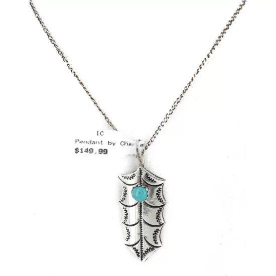 .925 Sterling Silver Handmade Certified Authentic Mistletoe Navajo Natural Turquoise Native American Necklace 16088-201