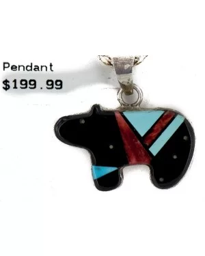 Certified Authentic Bear Navajo .925 Sterling Silver Inlay Natural Turquoise Spiny Oyster Black Onyx Native American Necklace 24423-201