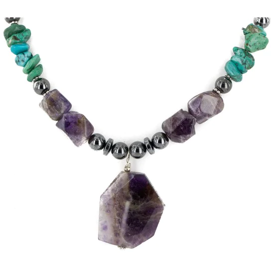Certified Authentic Navajo .925 Sterling Silver Natural Turquoise Amethyst Hematite Native American Necklace 34057