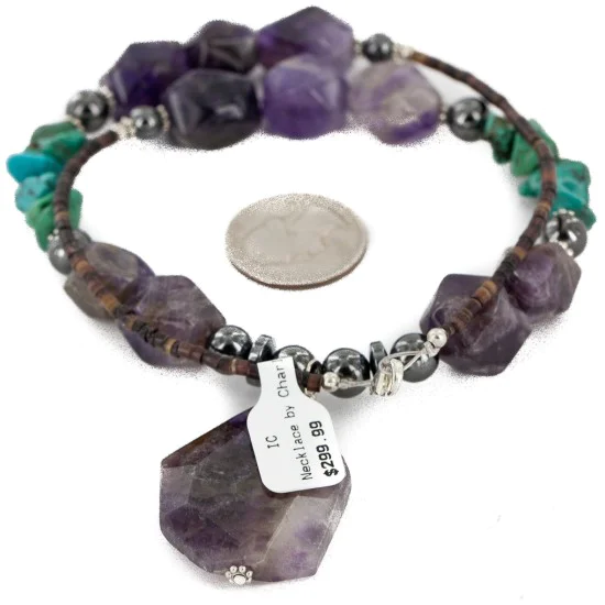 Certified Authentic Navajo .925 Sterling Silver Natural Turquoise Amethyst Hematite Native American Necklace 34057