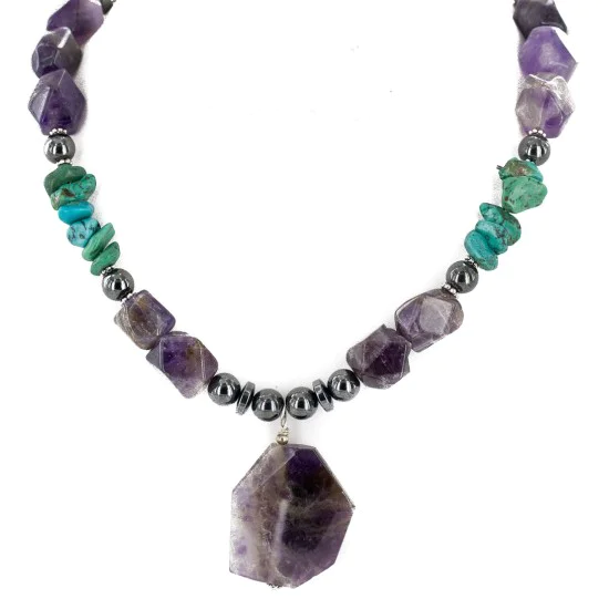 Certified Authentic Navajo .925 Sterling Silver Natural Turquoise Amethyst Hematite Native American Necklace 34057