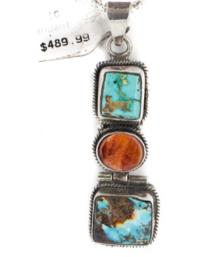 Handmade Navajo .925 Sterling Silver Natural Turquoise and Spiny Oyster Native American Necklace 10052 Handmade Navajo .925 Sterling Silver Natural Turquoise and Spiny Oyster Native American Necklace 10052