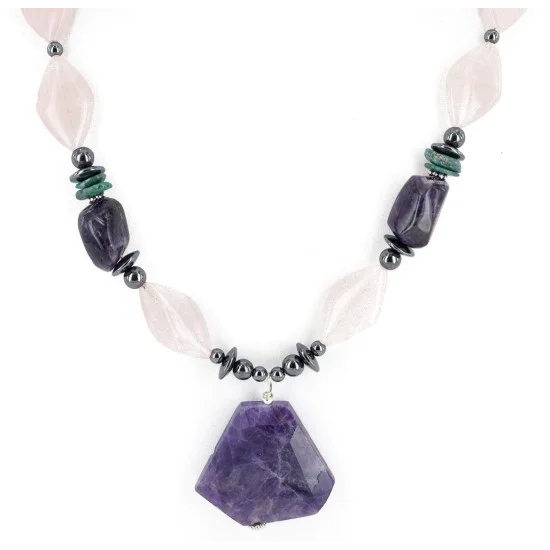 Certified Authentic Navajo .925 Sterling Silver Natural Turquoise Amethyst Pink Quartz Hematite Native American Necklace 16092-8