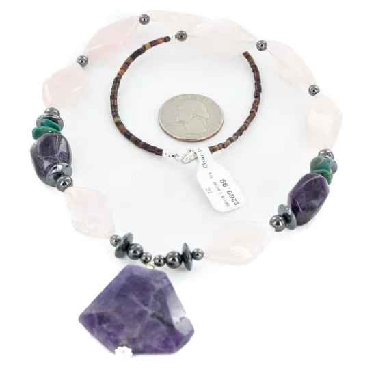 Certified Authentic Navajo .925 Sterling Silver Natural Turquoise Amethyst Pink Quartz Hematite Native American Necklace 16092-8
