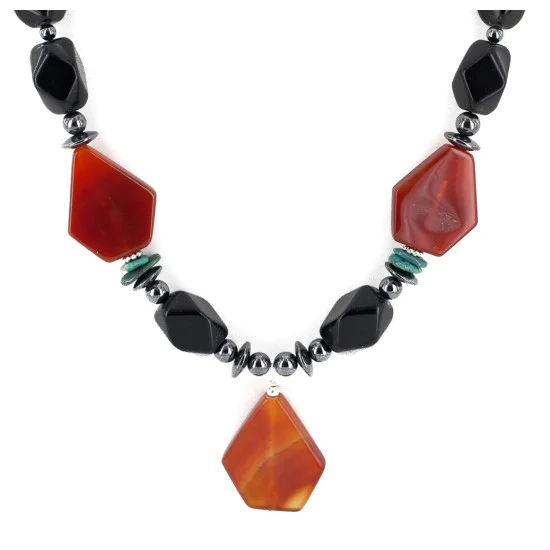Certified Authentic Navajo .925 Sterling Silver Natural Turquoise Black Onyx Carnelian Hematite Native American Necklace 16092-9