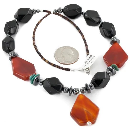 Certified Authentic Navajo .925 Sterling Silver Natural Turquoise Black Onyx Carnelian Hematite Native American Necklace 16092-9