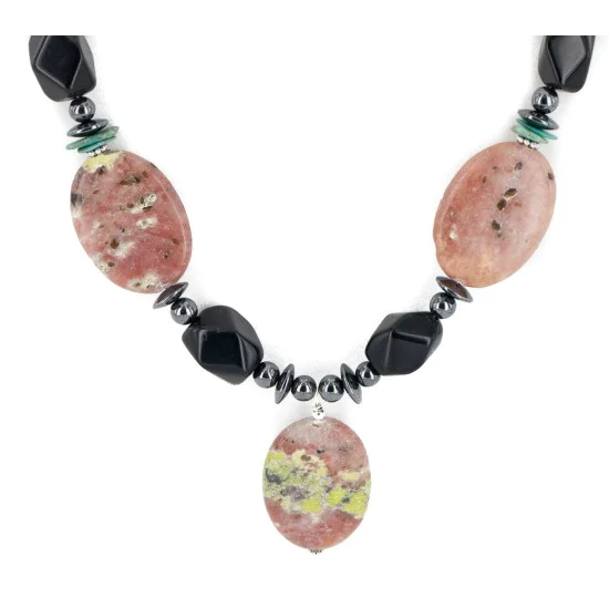 Certified Authentic Navajo .925 Sterling Silver Natural Turquoise Pink Jasper Black Onyx Hematite Native American Necklace 16092-2