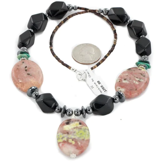 Certified Authentic Navajo .925 Sterling Silver Natural Turquoise Pink Jasper Black Onyx Hematite Native American Necklace 16092-2
