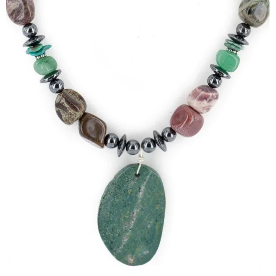 Certified Authentic Navajo .925 Sterling Silver Natural Turquoise Green Jasper Hematite Native American Necklace 16090-2