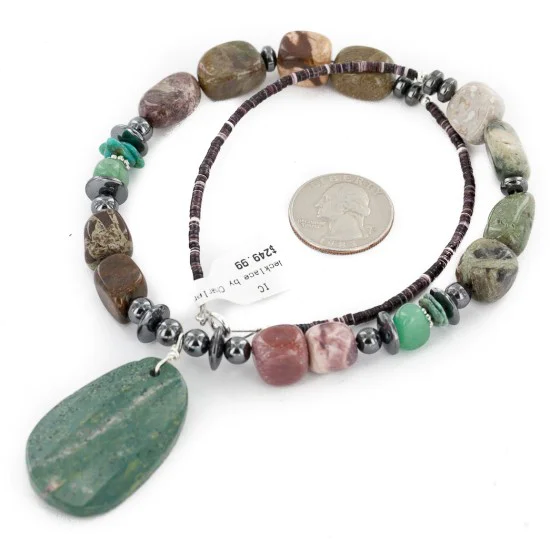 Certified Authentic Navajo .925 Sterling Silver Natural Turquoise Green Jasper Hematite Native American Necklace 16090-2