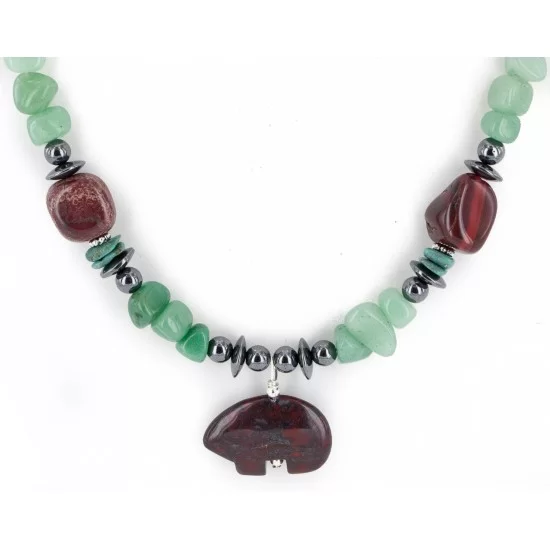 Certified Authentic Bear Navajo .925 Sterling Silver Natural Turquoise Jade Red Jasper Hematite Native American Necklace 16090-3 Certified Authentic Bear Navajo .925 Sterling Silver Natural Turquoise Jade Red Jasper Hematite Native American Necklace 16090-3