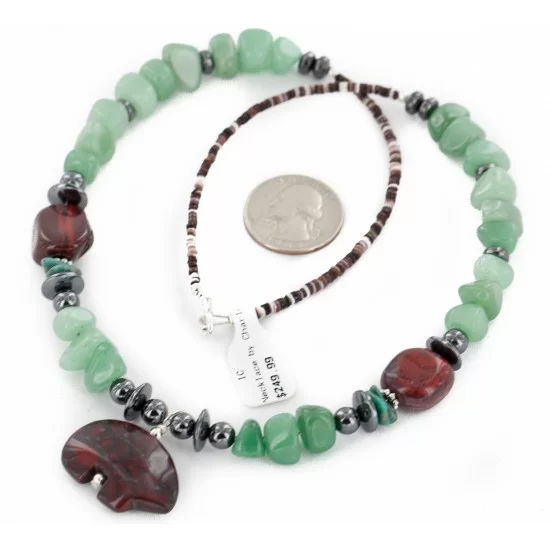 Certified Authentic Bear Navajo .925 Sterling Silver Natural Turquoise Jade Red Jasper Hematite Native American Necklace 16090-3 Certified Authentic Bear Navajo .925 Sterling Silver Natural Turquoise Jade Red Jasper Hematite Native American Necklace 16090-3
