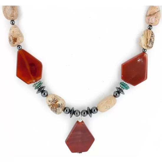 Certified Authentic Navajo .925 Sterling Silver Natural Turquoise Agate Carnelian Hematite Native American Necklace 16092-3 Certified Authentic Navajo .925 Sterling Silver Natural Turquoise Agate Carnelian Hematite Native American Necklace 16092-3