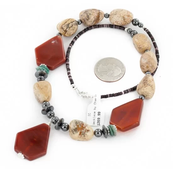 Certified Authentic Navajo .925 Sterling Silver Natural Turquoise Agate Carnelian Hematite Native American Necklace 16092-3 Certified Authentic Navajo .925 Sterling Silver Natural Turquoise Agate Carnelian Hematite Native American Necklace 16092-3