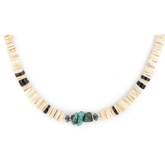 Certified Authentic Navajo .925 Sterling Silver Natural Turquoise Graduated Melon Shell Hematite Native American Necklace 14905-3