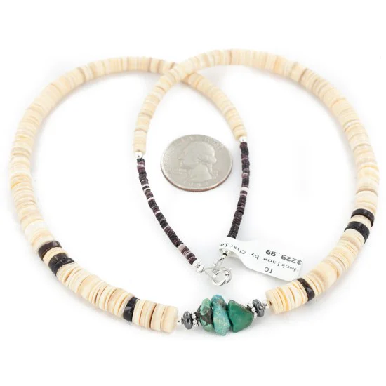 Certified Authentic Navajo .925 Sterling Silver Natural Turquoise Graduated Melon Shell Hematite Native American Necklace 14905-3