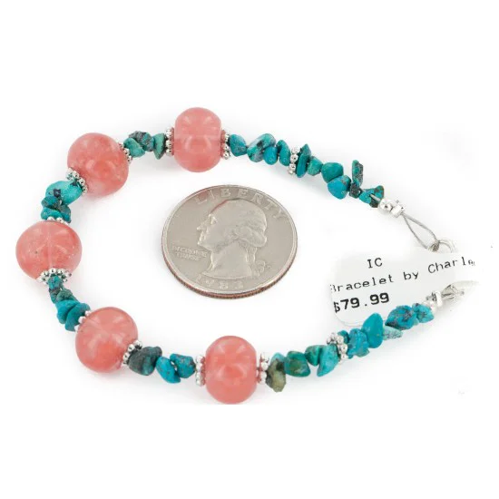 Certified Authentic Navajo .925 Sterling Silver Natural Turquoise Native American Pink Quartz Bracelet 12891-4