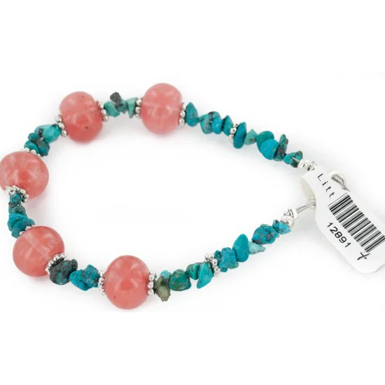 Certified Authentic Navajo .925 Sterling Silver Natural Turquoise Native American Pink Quartz Bracelet 12891-4