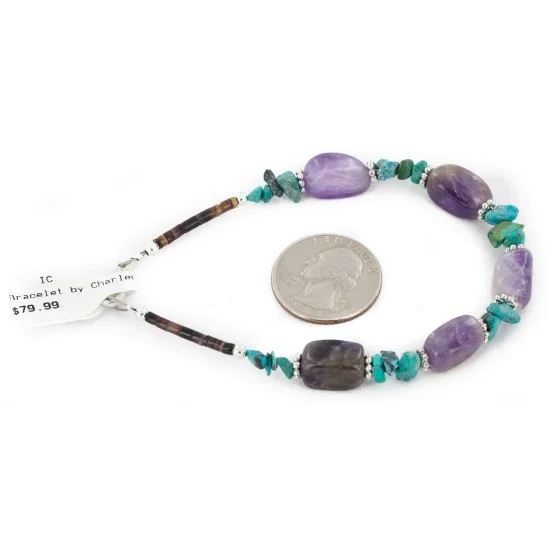 Certified Authentic Navajo .925 Sterling Silver Natural Turquoise and Amethyst Native American Bracelet 12891-1
