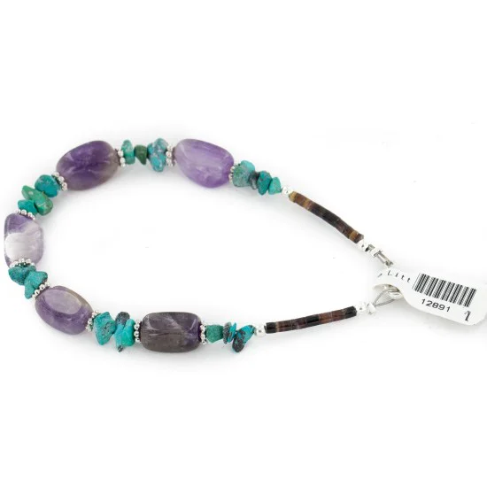 Certified Authentic Navajo .925 Sterling Silver Natural Turquoise and Amethyst Native American Bracelet 12891-1