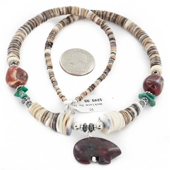 Certified Authentic Bear Navajo .925 Sterling Silver Natural Turquoise Graduated Heishi Red Jasper Hematite Native American Necklace 16090-5