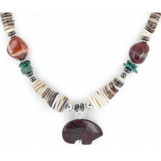 Certified Authentic Bear Navajo .925 Sterling Silver Natural Turquoise Graduated Heishi Red Jasper Hematite Native American Necklace 16090-5