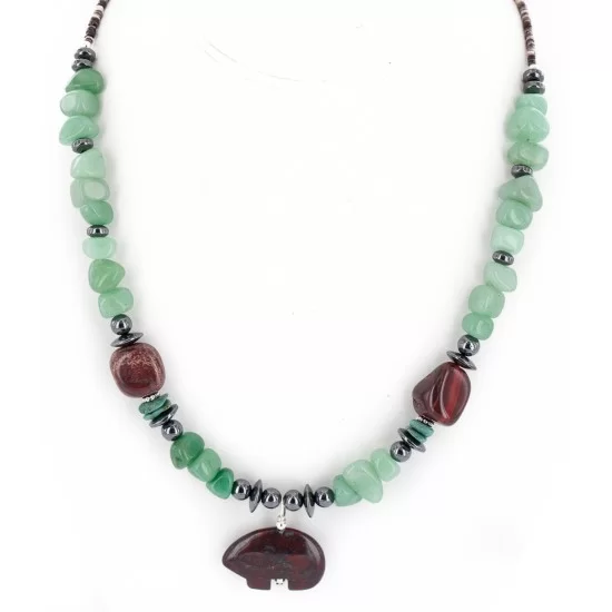 Certified Authentic Bear Navajo .925 Sterling Silver Natural Turquoise Jade Red Jasper Hematite Native American Necklace 16090-3 Certified Authentic Bear Navajo .925 Sterling Silver Natural Turquoise Jade Red Jasper Hematite Native American Necklace 16090-3
