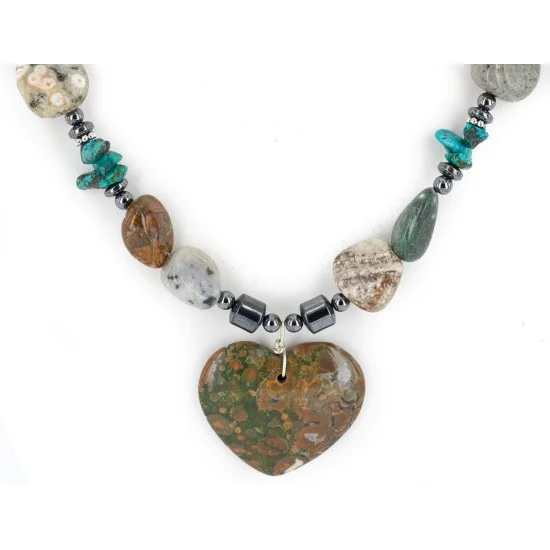Certified Authentic Heart Navajo .925 Sterling Silver Natural Turquoise Green Jasper Hematite Native American Necklace 16090-4 Certified Authentic Heart Navajo .925 Sterling Silver Natural Turquoise Green Jasper Hematite Native American Necklace 16090-4
