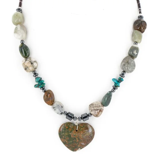 Certified Authentic Heart Navajo .925 Sterling Silver Natural Turquoise Green Jasper Hematite Native American Necklace 16090-4 Certified Authentic Heart Navajo .925 Sterling Silver Natural Turquoise Green Jasper Hematite Native American Necklace 16090-4