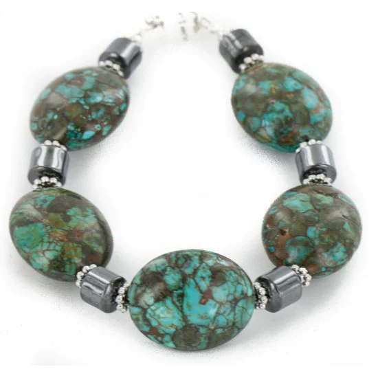 Certified Authentic Navajo .925 Sterling Silver Composite Turquoise Hematite Native American Bracelet 12892-3