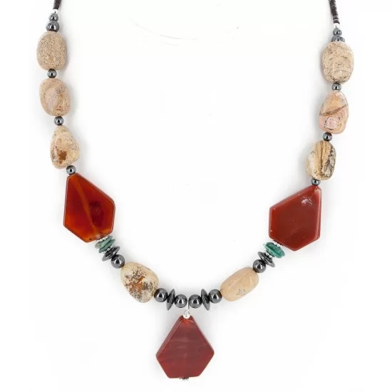 Certified Authentic Navajo .925 Sterling Silver Natural Turquoise Agate Carnelian Hematite Native American Necklace 16092-3 Certified Authentic Navajo .925 Sterling Silver Natural Turquoise Agate Carnelian Hematite Native American Necklace 16092-3