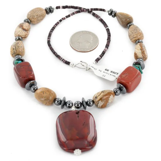 Certified Authentic Navajo .925 Sterling Silver Natural Turquoise Agate Red Jasper Hematite Native American Necklace 16092-1 Certified Authentic Navajo .925 Sterling Silver Natural Turquoise Agate Red Jasper Hematite Native American Necklace 16092-1