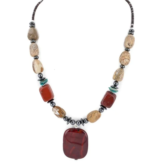 Certified Authentic Navajo .925 Sterling Silver Natural Turquoise Agate Red Jasper Hematite Native American Necklace 16092-1 Certified Authentic Navajo .925 Sterling Silver Natural Turquoise Agate Red Jasper Hematite Native American Necklace 16092-1
