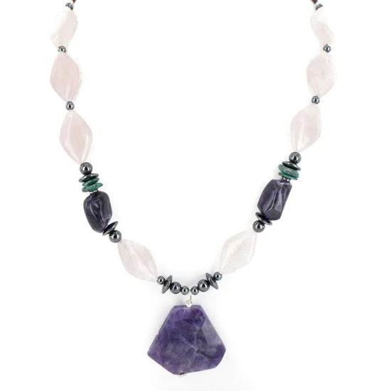 Certified Authentic Navajo .925 Sterling Silver Natural Turquoise Amethyst Pink Quartz Hematite Native American Necklace 16092-8