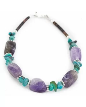 Certified Authentic Navajo .925 Sterling Silver Natural Turquoise and Amethyst Native American Bracelet 12891-1