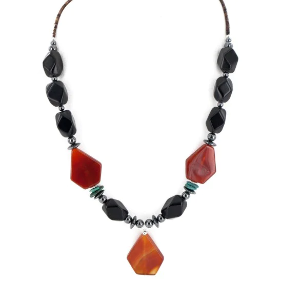 Certified Authentic Navajo .925 Sterling Silver Natural Turquoise Black Onyx Carnelian Hematite Native American Necklace 16092-9