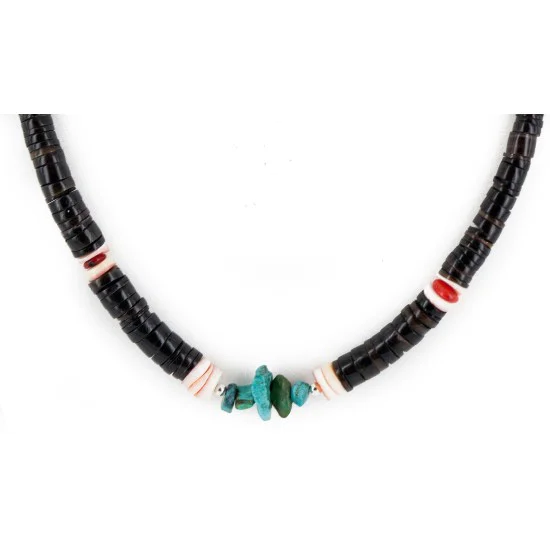 Navajo .925 Sterling Silver Natural Turquoise Coral Graduated Melon Shell Necklace 14905-5 Navajo .925 Sterling Silver Natural Turquoise Coral Graduated Melon Shell Necklace 14905-5