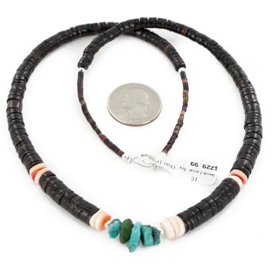 Navajo .925 Sterling Silver Natural Turquoise Coral Graduated Melon Shell Necklace 14905-5 Navajo .925 Sterling Silver Natural Turquoise Coral Graduated Melon Shell Necklace 14905-5