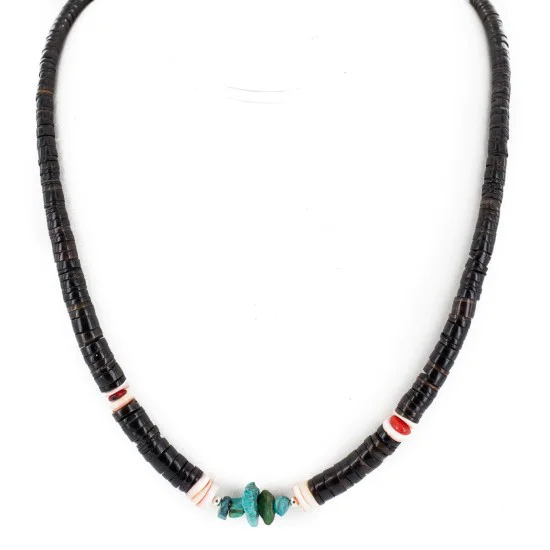 Navajo .925 Sterling Silver Natural Turquoise Coral Graduated Melon Shell Necklace 14905-5 Navajo .925 Sterling Silver Natural Turquoise Coral Graduated Melon Shell Necklace 14905-5