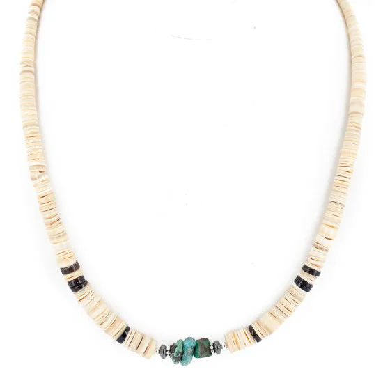 Certified Authentic Navajo .925 Sterling Silver Natural Turquoise Graduated Melon Shell Hematite Native American Necklace 14905-3